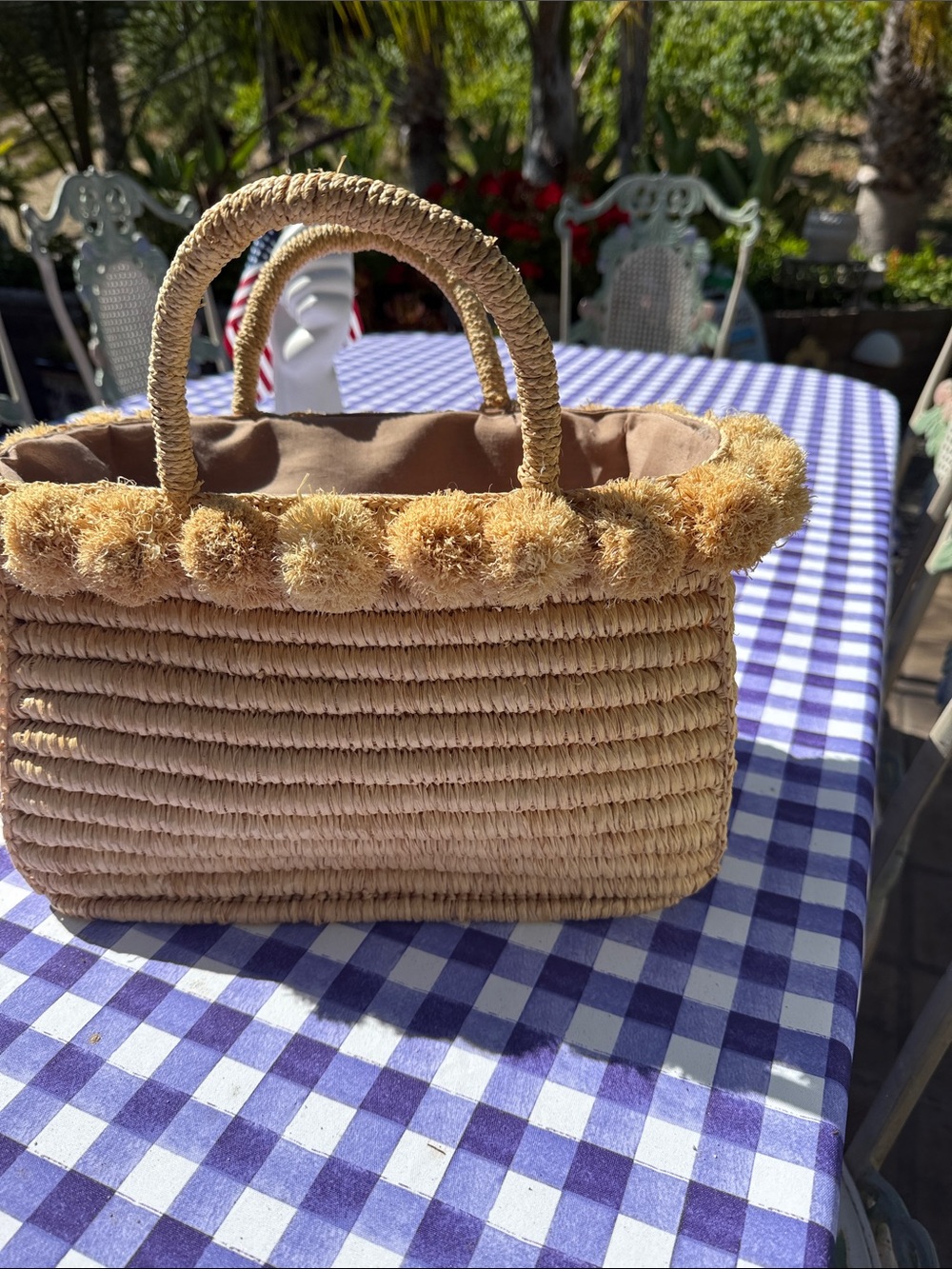 Pom-Pom Trim Straw Tote Bag in Natural
